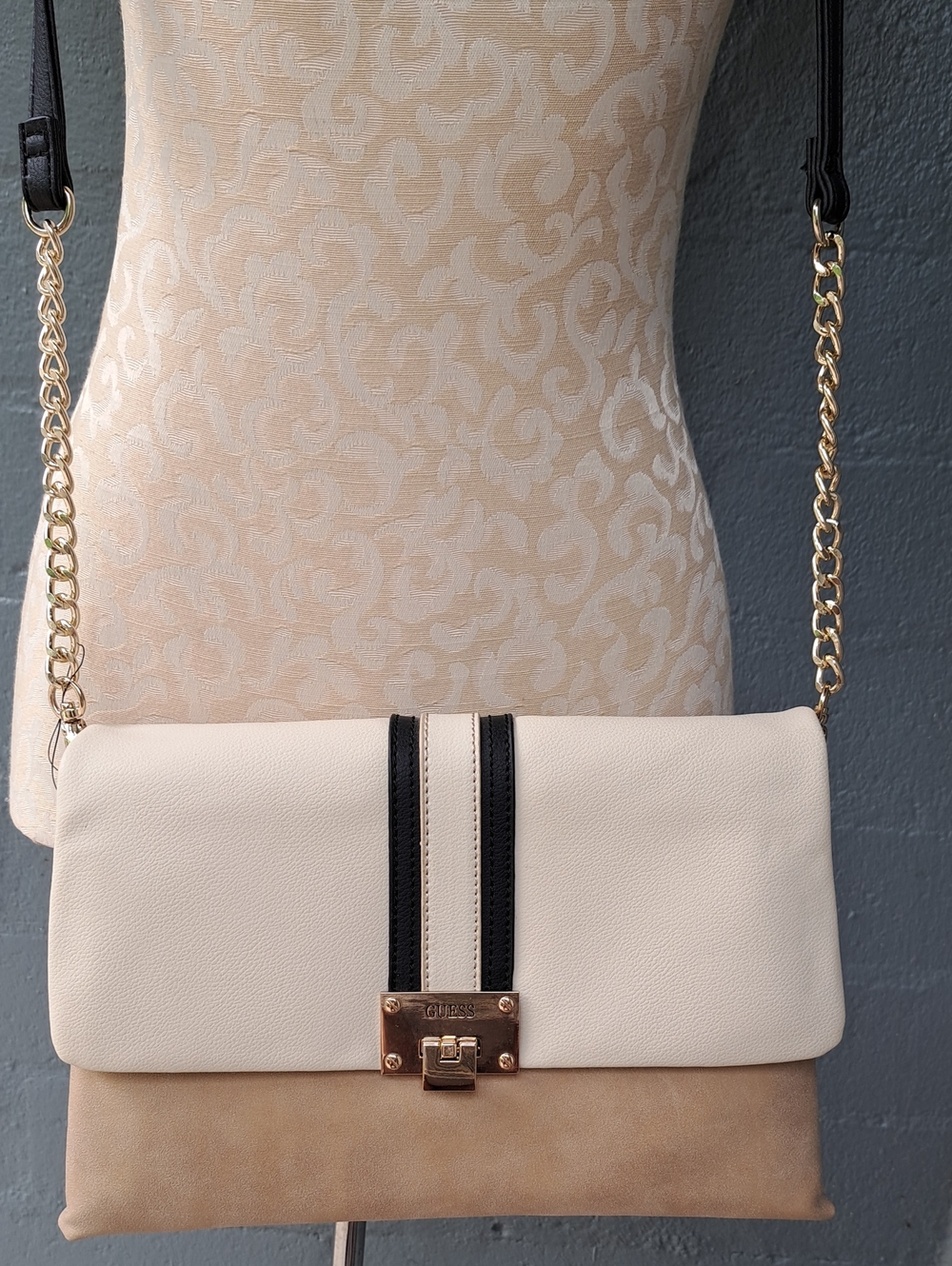 Guess Two-Tone Cream, Beige & Black Crossbody Bag with Gold Hardware